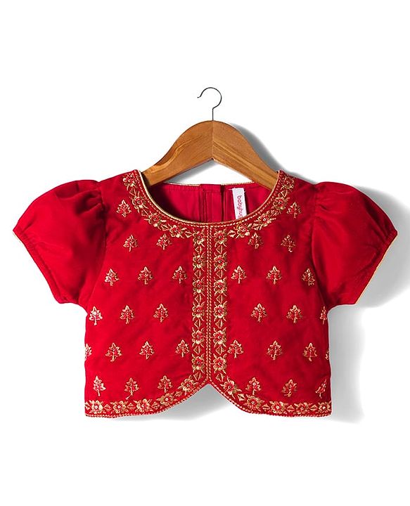 Babyhug Velvet Woven Half Puffed Sleeves Choli Lehenga & Dupatta Set with Floral Embroidery & Embellishments - Red
