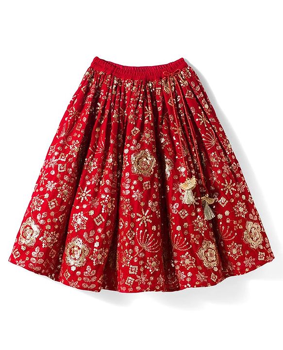 Babyhug Velvet Woven Half Puffed Sleeves Choli Lehenga & Dupatta Set with Floral Embroidery & Embellishments - Red