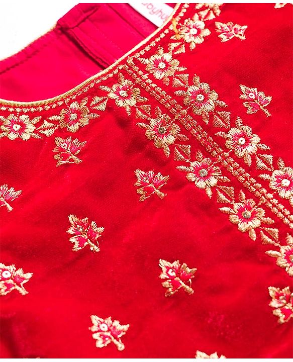 Babyhug Velvet Woven Half Puffed Sleeves Choli Lehenga & Dupatta Set with Floral Embroidery & Embellishments - Red