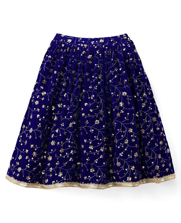Babyhug Velvet Woven Half Sleeves Choli Lehenga & Dupatta Set With Sequin Embriodery - Blue