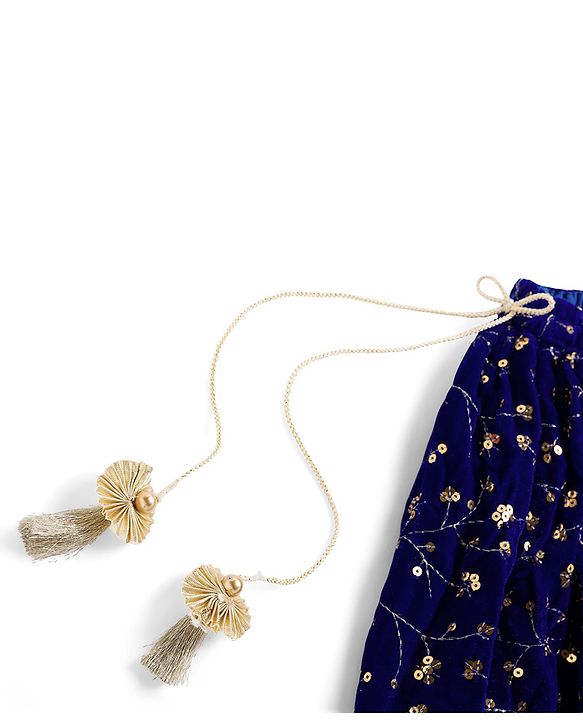 Babyhug Velvet Woven Half Sleeves Choli Lehenga & Dupatta Set With Sequin Embriodery - Blue