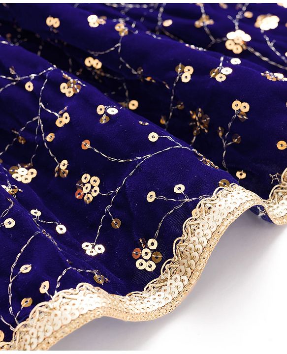Babyhug Velvet Woven Half Sleeves Choli Lehenga & Dupatta Set With Sequin Embriodery - Blue
