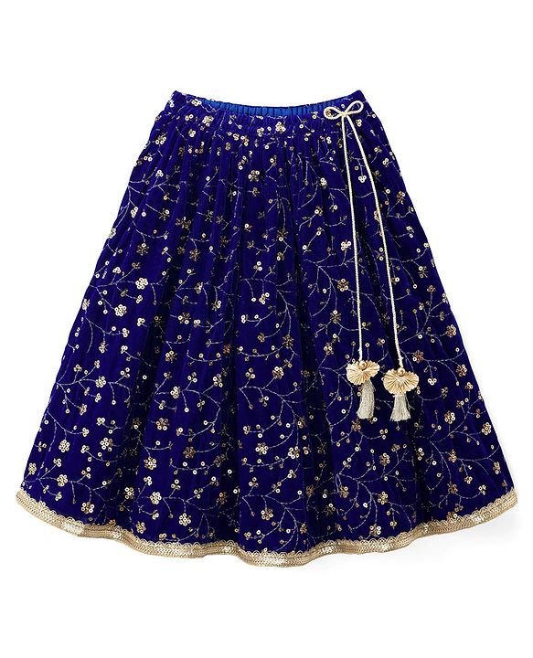 Babyhug Velvet Woven Half Sleeves Choli Lehenga & Dupatta Set With Sequin Embriodery - Blue