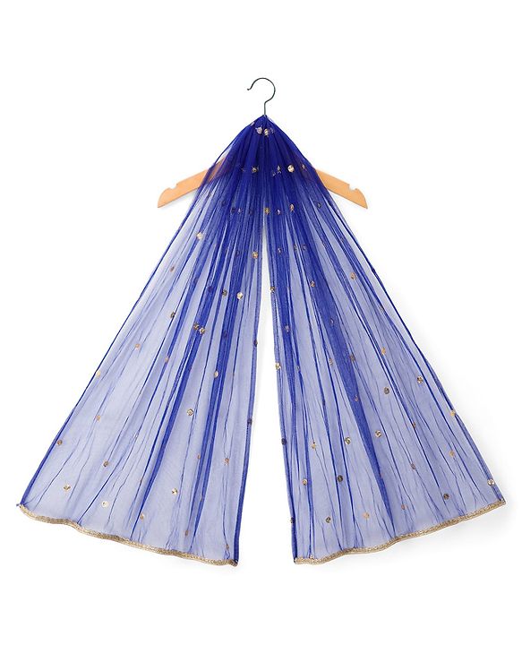 Babyhug Velvet Woven Half Sleeves Choli Lehenga & Dupatta Set With Sequin Embriodery - Blue