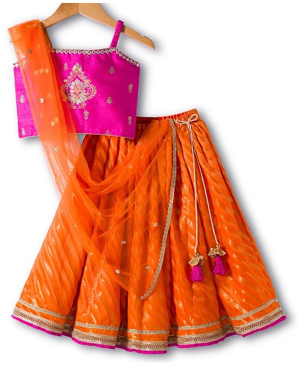Babyhug Brocade Woven Sleeveless Choli Lehenga & Dupatta Set With Floral Embroidery - Orange