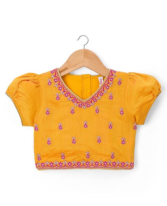 Babyhug Brocade Woven Half Sleeves Lehenga Choli Set With Floral Embroidery & Dupatta - Mustard & Pink