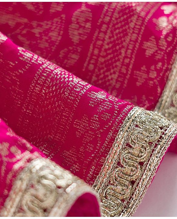 Babyhug Brocade Woven Half Sleeves Lehenga Choli Set With Floral Embroidery & Dupatta - Mustard & Pink