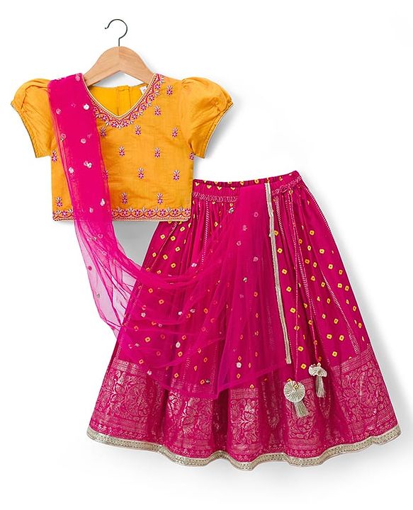 Babyhug Brocade Woven Half Sleeves Lehenga Choli Set With Floral Embroidery & Dupatta - Mustard & Pink