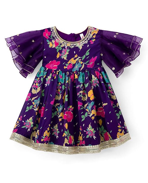 Babyhug Rayon Woven Half Sleeves Ethnic Dress With Embroidered Detailing & Floral Print - Purple