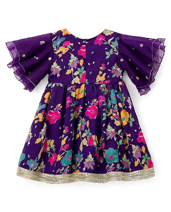 Babyhug Rayon Woven Half Sleeves Ethnic Dress With Embroidered Detailing & Floral Print - Purple