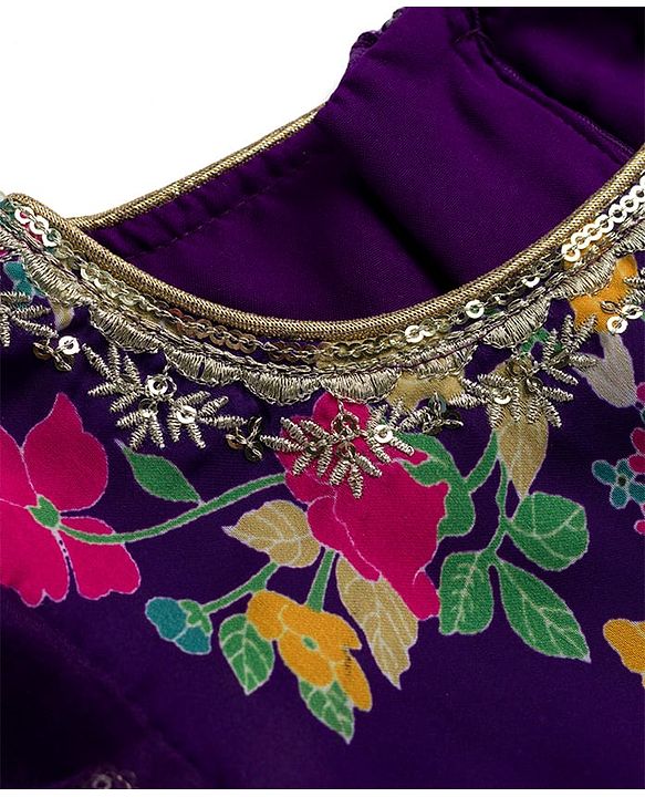 Babyhug Rayon Woven Half Sleeves Ethnic Dress With Embroidered Detailing & Floral Print - Purple