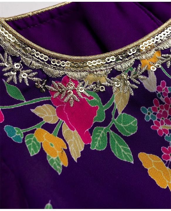 Babyhug Rayon Woven Half Sleeves Ethnic Dress With Embroidered Detailing & Floral Print - Purple