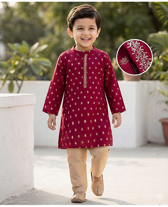 Babyhug Brocade Woven Full Sleeves Kurta Pajama Set With Floral Print - Maroon