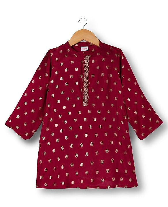 Babyhug Brocade Woven Full Sleeves Kurta Pajama Set With Floral Print - Maroon
