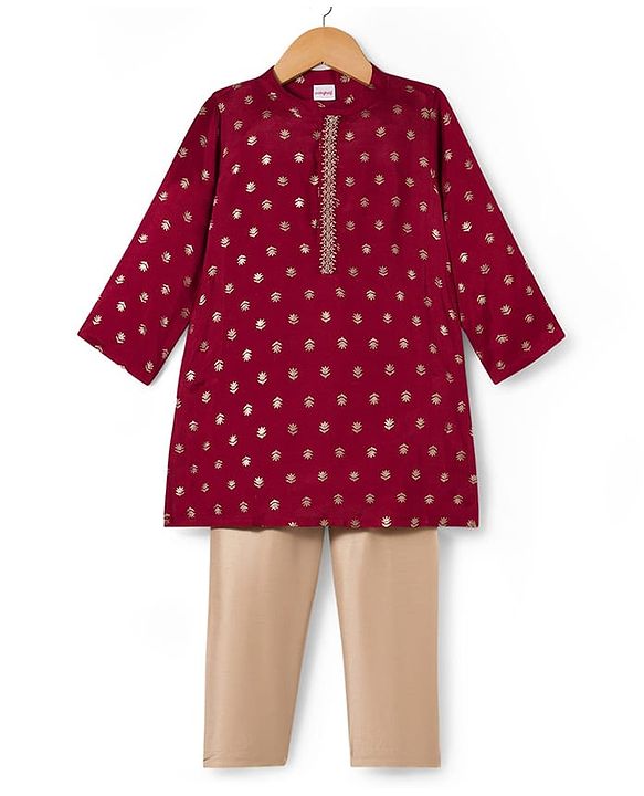Babyhug Brocade Woven Full Sleeves Kurta Pajama Set With Floral Print - Maroon