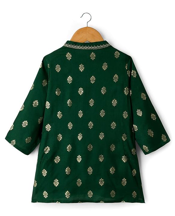 Babyhug Woven Full Sleeves Kurta Pajama Set With Floral Foil Print - Green