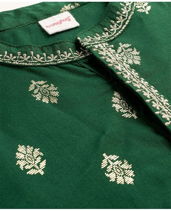 Babyhug Woven Full Sleeves Kurta Pajama Set With Floral Foil Print - Green