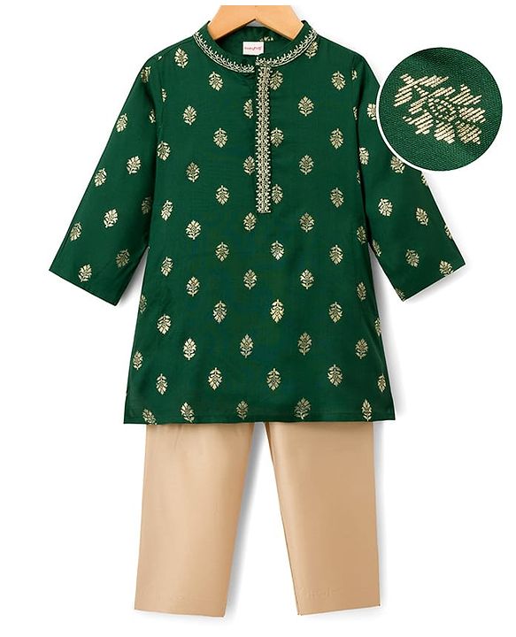 Babyhug Woven Full Sleeves Kurta Pajama Set With Floral Foil Print - Green