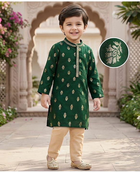 Babyhug Woven Full Sleeves Kurta Pajama Set With Floral Foil Print - Green
