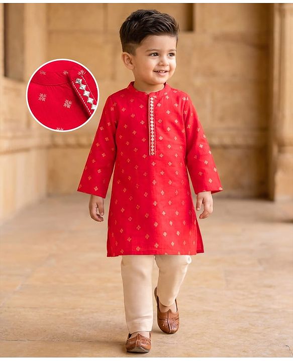 Babyhug Woven Full Sleeves Kurta Pajama Set With Floral Foil Print - Red