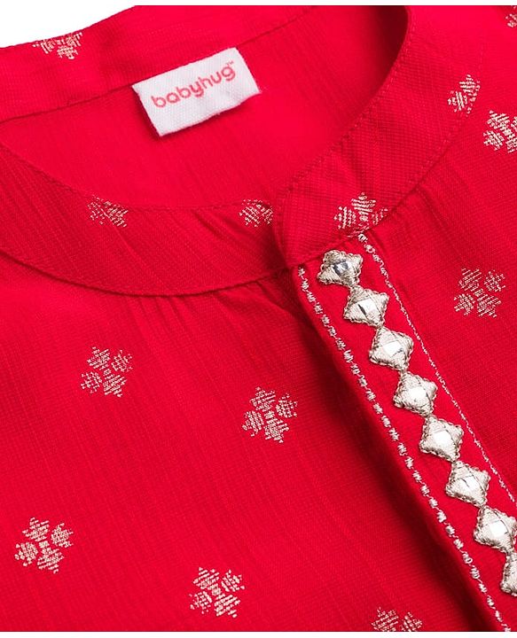 Babyhug Woven Full Sleeves Kurta Pajama Set With Floral Foil Print - Red