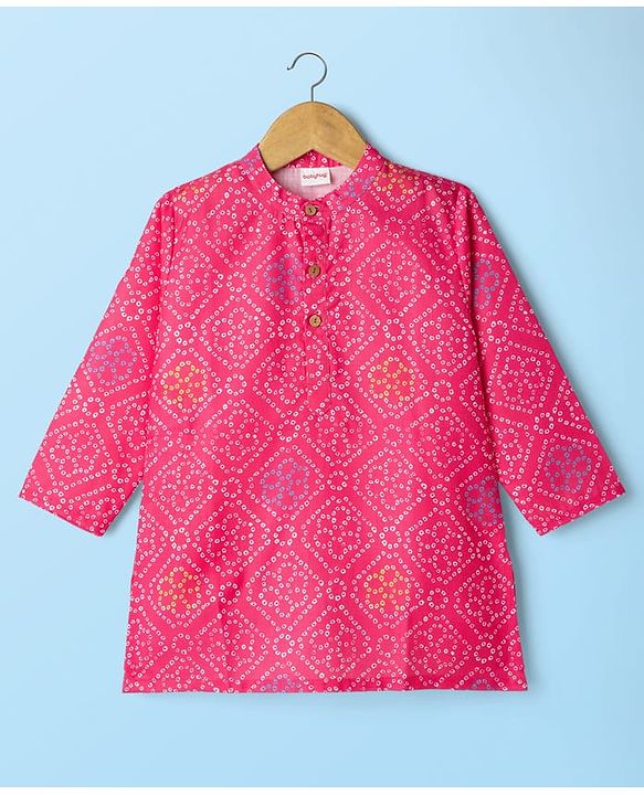 Babyhug Cambric Woven Full Sleeves Kurta Dhoti Set With Bandhani Print - Pink