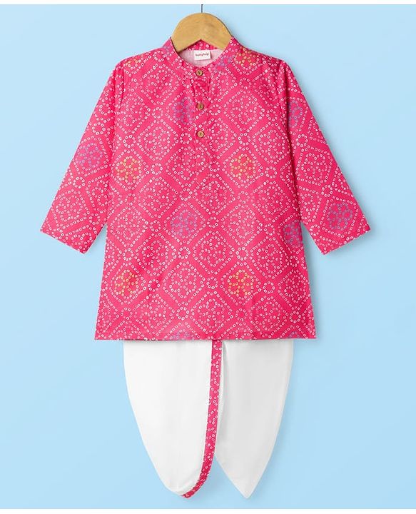 Babyhug Cambric Woven Full Sleeves Kurta Dhoti Set With Bandhani Print - Pink