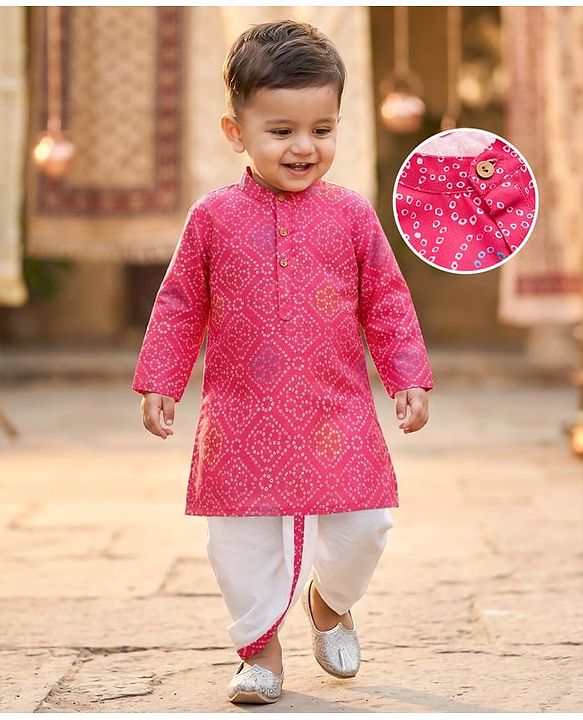 Babyhug Cambric Woven Full Sleeves Kurta Dhoti Set With Bandhani Print - Pink