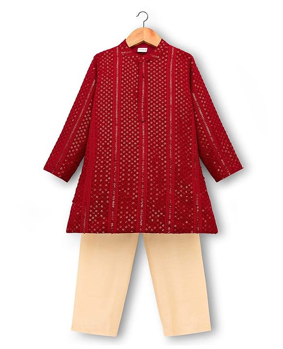 Babyhug Cotton Blend Woven Full Sleeves Kurta Pajama Set with Embroidery & Sequin Detailing - Maroon