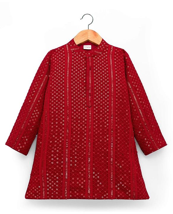 Babyhug Cotton Blend Woven Full Sleeves Kurta Pajama Set with Embroidery & Sequin Detailing - Maroon