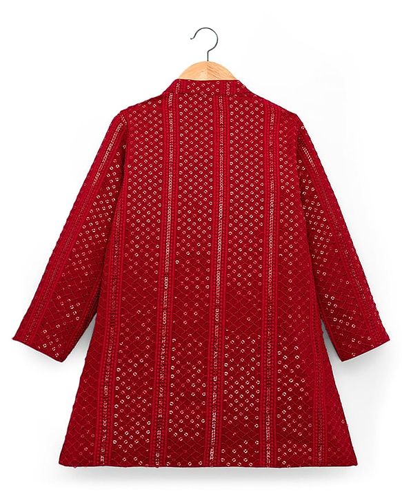 Babyhug Cotton Blend Woven Full Sleeves Kurta Pajama Set with Embroidery & Sequin Detailing - Maroon