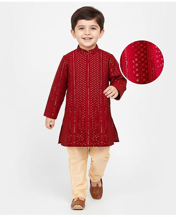 Babyhug Cotton Blend Woven Full Sleeves Kurta Pajama Set with Embroidery & Sequin Detailing - Maroon