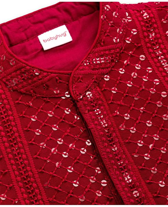 Babyhug Cotton Blend Woven Full Sleeves Kurta Pajama Set with Embroidery & Sequin Detailing - Maroon