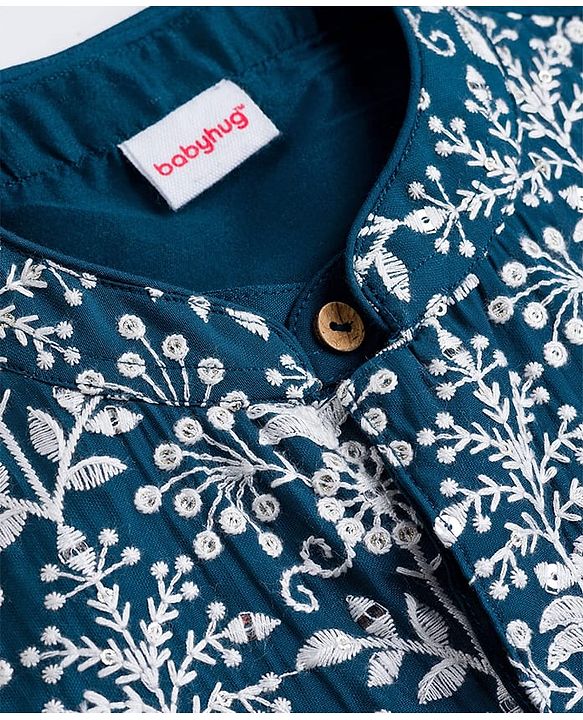 Babyhug Cotton Blend Woven Full Sleeves Kurta Pajama Set with Jacket & Floral Embroidery - Teal Blue