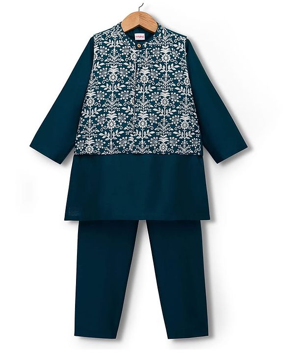 Babyhug Cotton Blend Woven Full Sleeves Kurta Pajama Set with Jacket & Floral Embroidery - Teal Blue