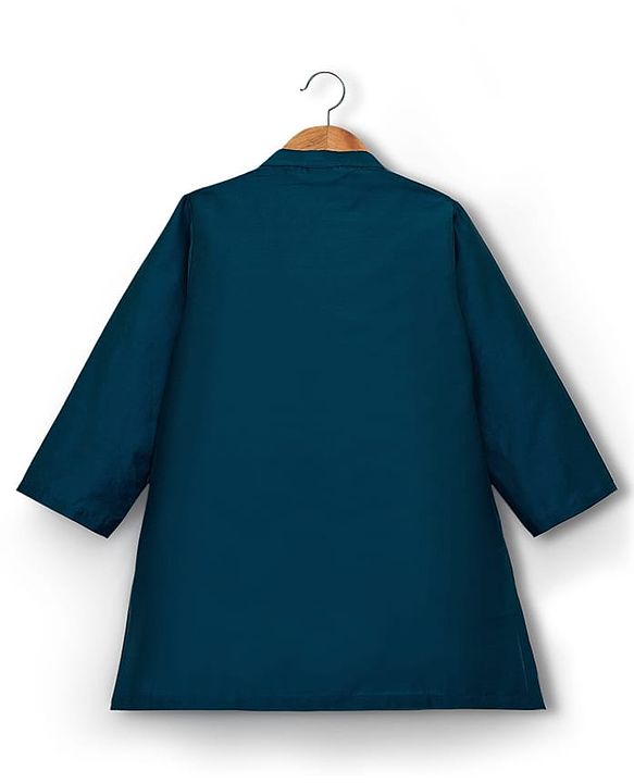 Babyhug Cotton Blend Woven Full Sleeves Kurta Pajama Set with Jacket & Floral Embroidery - Teal Blue