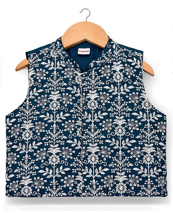 Babyhug Cotton Blend Woven Full Sleeves Kurta Pajama Set with Jacket & Floral Embroidery - Teal Blue