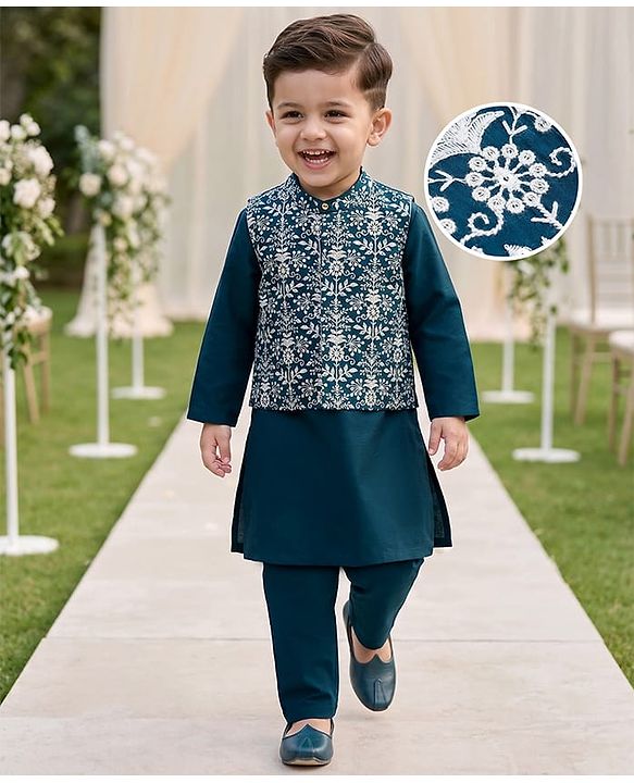 Babyhug Cotton Blend Woven Full Sleeves Kurta Pajama Set with Jacket & Floral Embroidery - Teal Blue