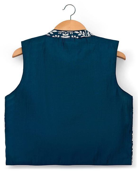 Babyhug Cotton Blend Woven Full Sleeves Kurta Pajama Set with Jacket & Floral Embroidery - Teal Blue