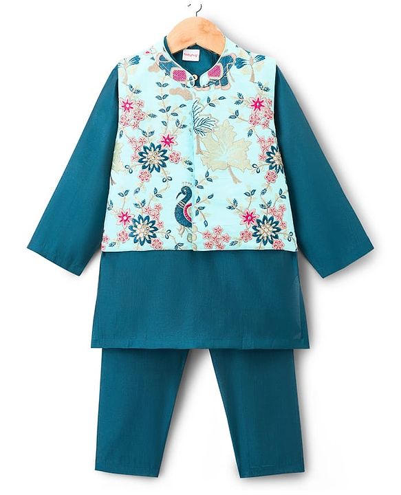 Babyhug Woven Full Sleeves Kurta Pajama & Floral Embroidery Jacket Set  - Teal Blue