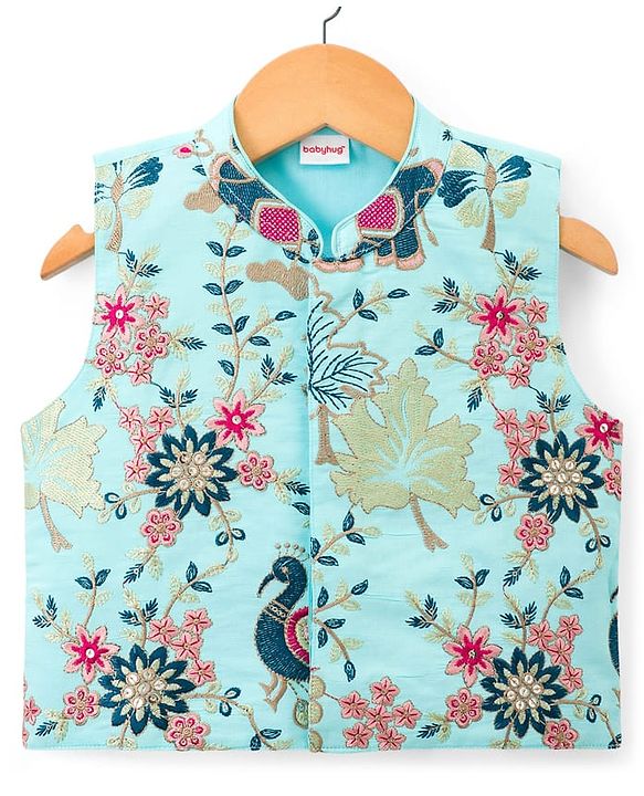 Babyhug Woven Full Sleeves Kurta Pajama & Floral Embroidery Jacket Set  - Teal Blue