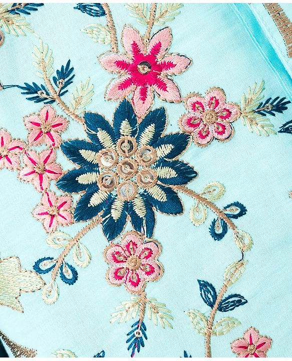 Babyhug Woven Full Sleeves Kurta Pajama & Floral Embroidery Jacket Set  - Teal Blue