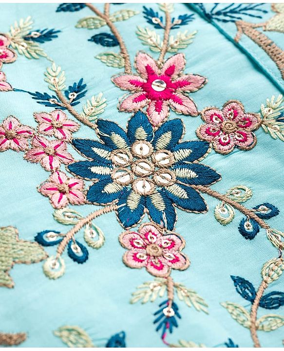 Babyhug Woven Full Sleeves Kurta Pajama & Floral Embroidery Jacket Set  - Teal Blue