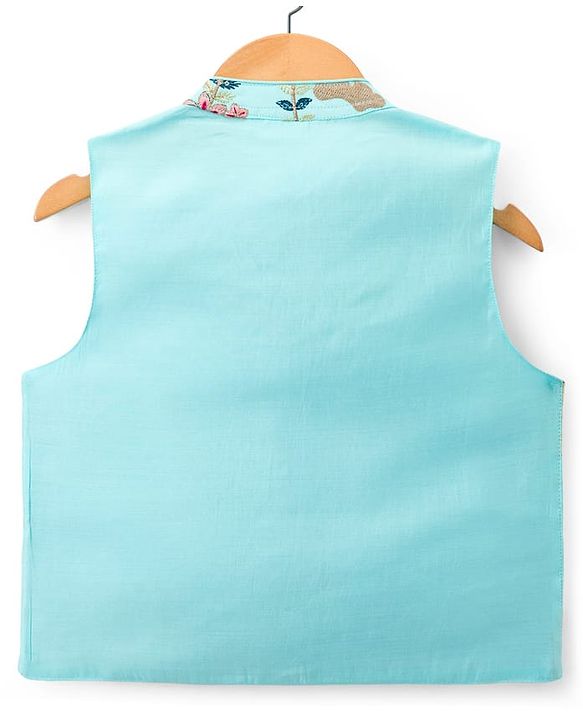 Babyhug Woven Full Sleeves Kurta Pajama & Floral Embroidery Jacket Set  - Teal Blue