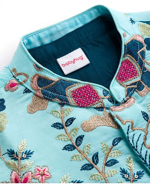 Babyhug Woven Full Sleeves Kurta Pajama & Floral Embroidery Jacket Set  - Teal Blue