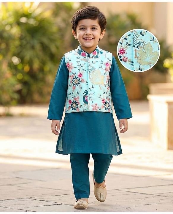 Babyhug Woven Full Sleeves Kurta Pajama & Floral Embroidery Jacket Set  - Teal Blue