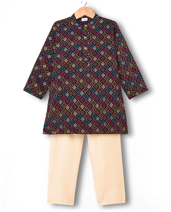 Babyhug Cotton Blend Woven Full Sleeves Kurta Pajama Set with Embroidery - Navy Blue