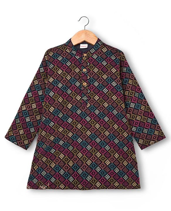 Babyhug Cotton Blend Woven Full Sleeves Kurta Pajama Set with Embroidery - Navy Blue
