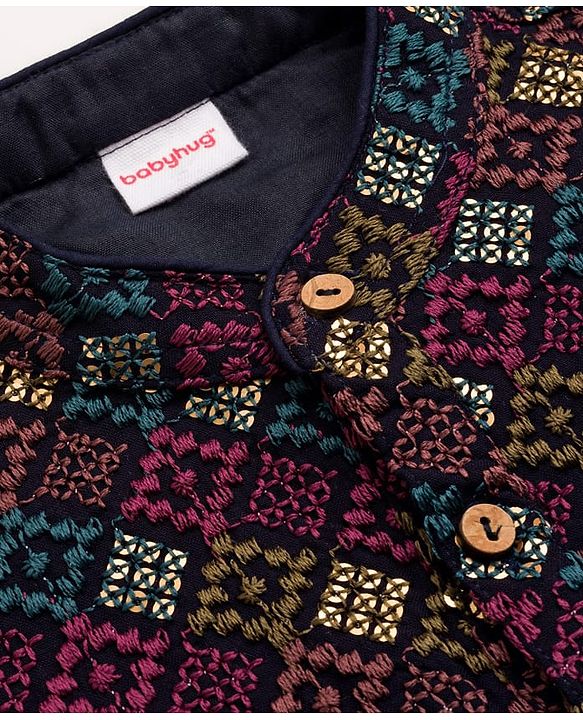 Babyhug Cotton Blend Woven Full Sleeves Kurta Pajama Set with Embroidery - Navy Blue