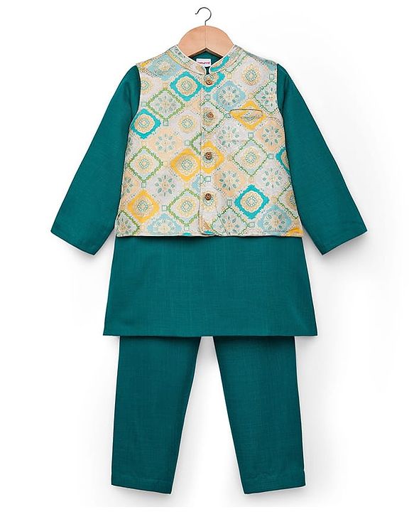 Babyhug Cotton Blend Full Sleeves Kurta Pajama Set with Jacket & Motif Embroidery - Teal Blue